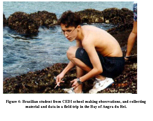 Text Box:  

Figure 4: Brazilian student from CEDI school making observations, and collecting material and data in a field trip in the Bay of Angra du Rei.
